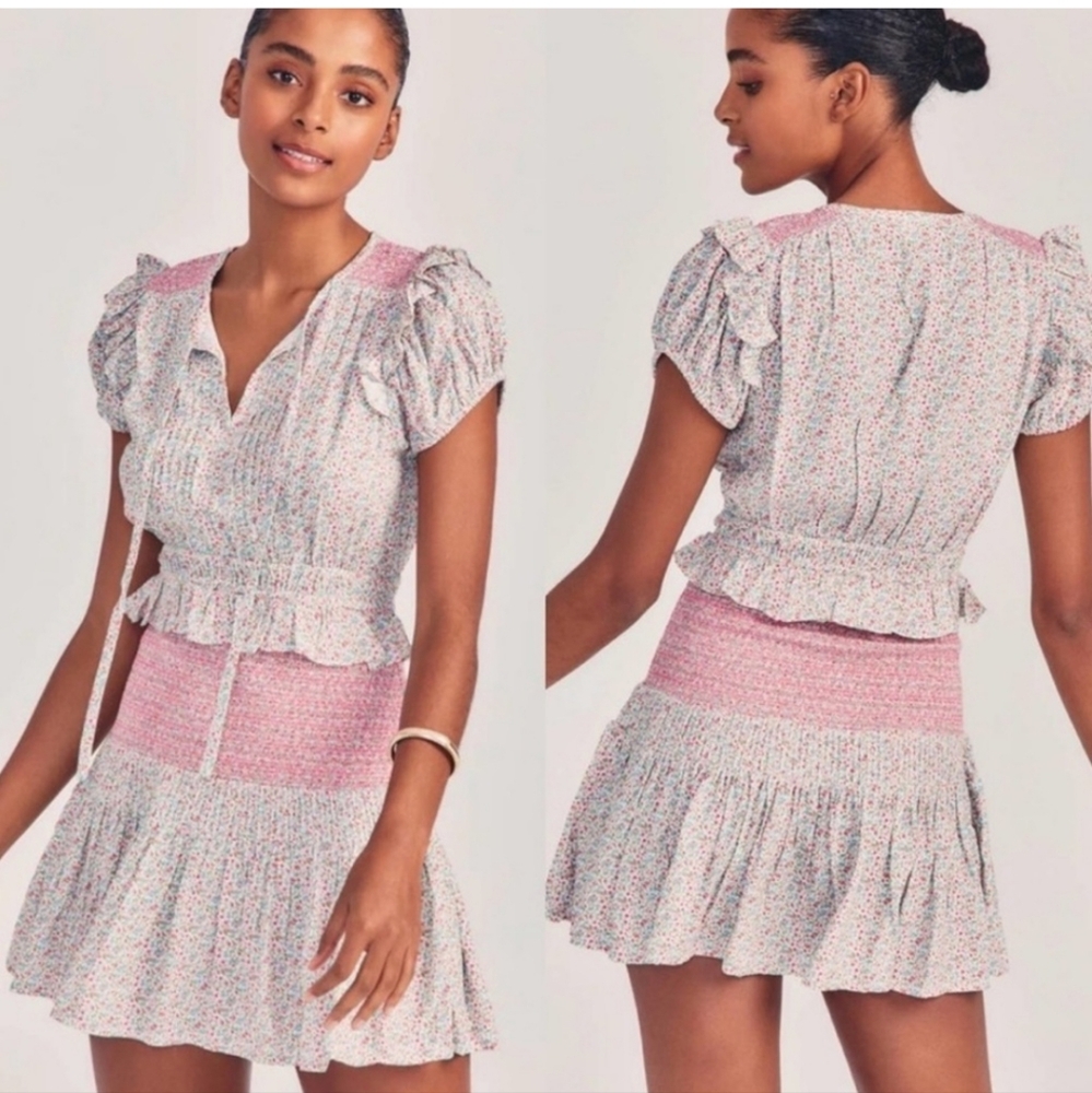 LoveShackFancy Pink Multi Floral Mini Dress